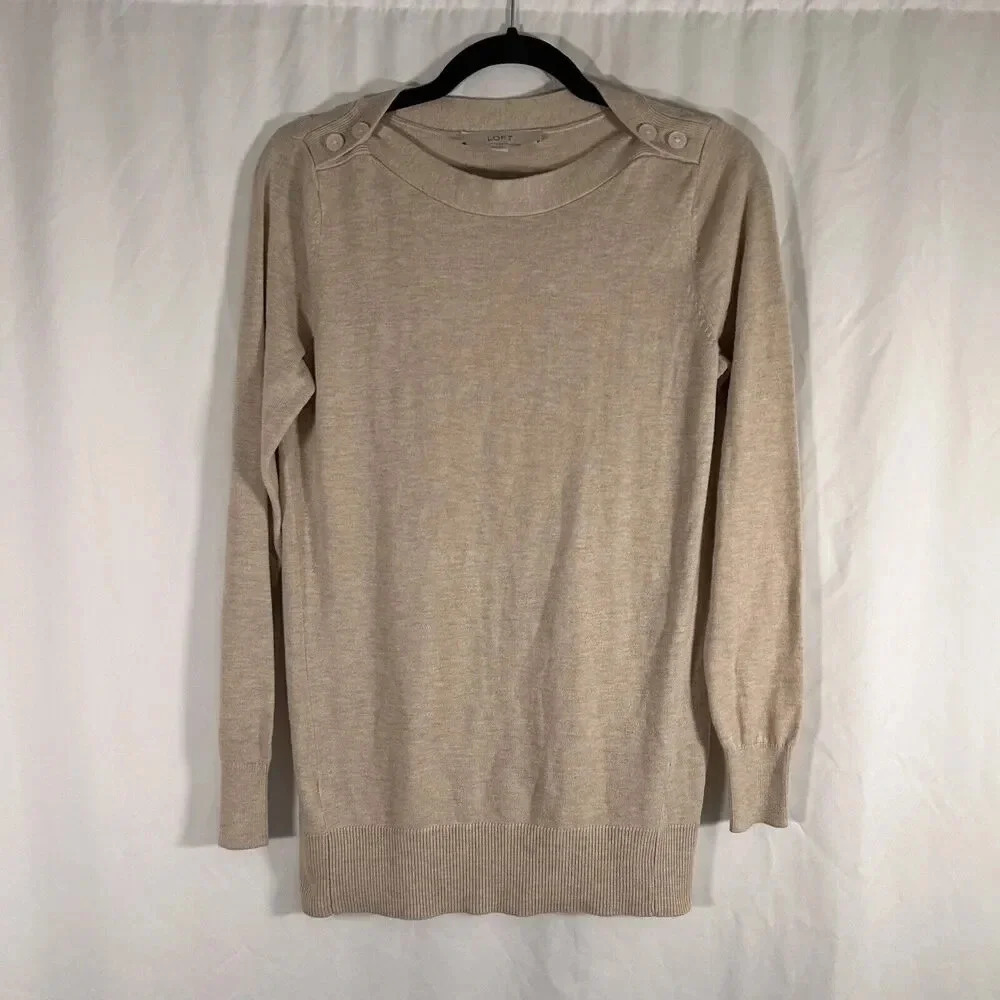 LOFT Sweater Women's XS Tan Button Neck Line Long Sleeve Lightweight Pullover